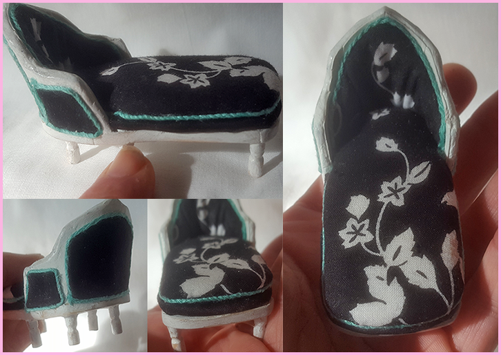 1:24 scale miniature chaise from various angles